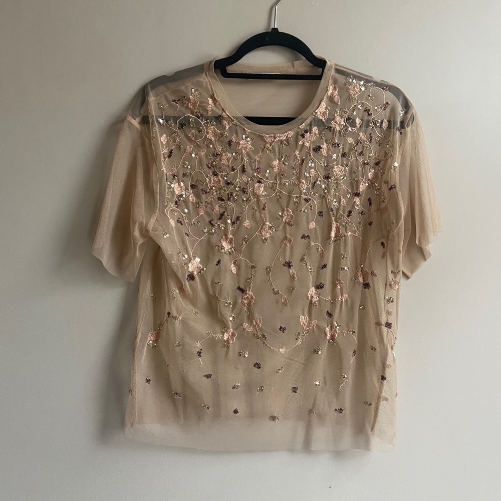 Zara sheer top with sequins and rose floral detail